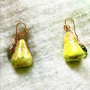 Pear Fruit Earrings, Green-yellow, Hand-sculpted